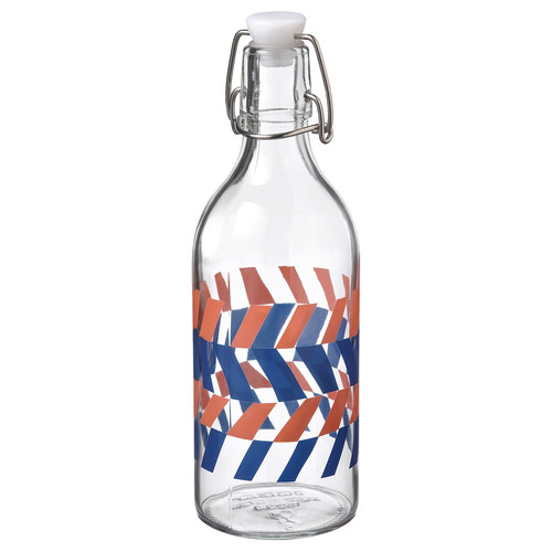 KORKEN Bottle with stopper, clear glass patterned/bright blue bright orange, 0.5 l