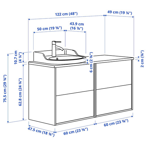 TÄNNFORSEN / RUTSJÖN Wash-stand/wash-basin/tap, light grey/black marble effect, 122x49x76 cm