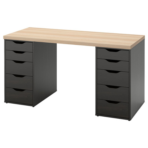 LAGKAPTEN / ALEX Desk, white stained oak effect/black-brown, 140x60 cm