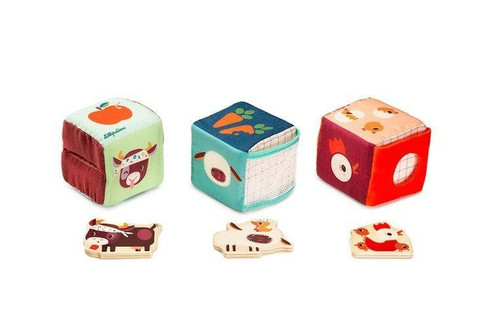 LILLIPUTIENS Set of 3 multi-functional activation cubes with hidden elements Farm 18m+