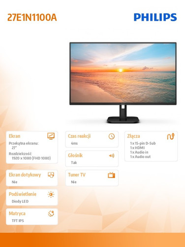 Philips 27" Monitor 27E1N1100A IPS 100Hz HDMI Speakers