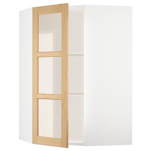 METOD Corner wall cab w shelves/glass dr, white/Forsbacka oak, 68x100 cm