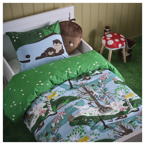 SKOGSDUVA Duvet cover and pillowcase, blue green/forest pattern, 150x200/50x60 cm