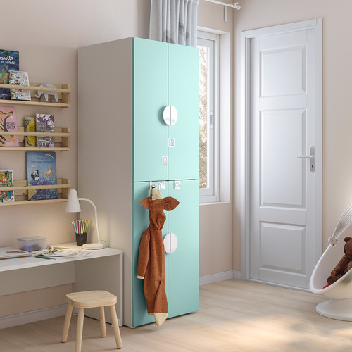 SMÅSTAD / PLATSA Wardrobe, white pale turquoise/with 2 clothes rails, 60x57x181 cm