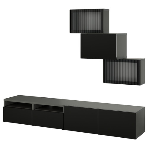 BESTÅ TV storage combination/glass doors, black Selsviken/Fällsvik anthracite, 240x42x190 cm