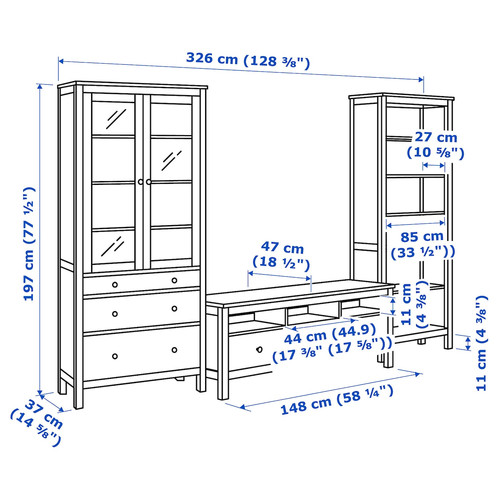 HEMNES TV storage combination, black-brown, clear glass, 326x197 cm