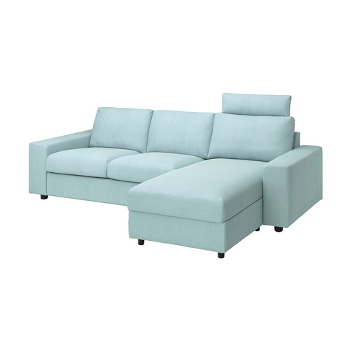 VIMLE 3-seat sofa with chaise longue, with wide armrests with headrest/Saxemara light blue