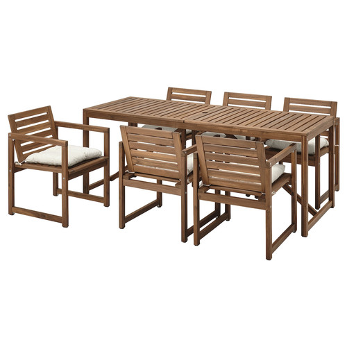 NÄMMARÖ Table+6 chairs w armrests, outdoor, light brown stained/Kuddarna light grey-beige, 200x75 cm