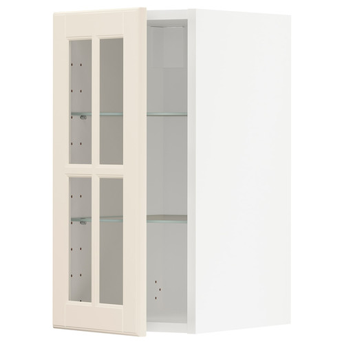 METOD Wall cabinet w shelves/glass door, white/Bodbyn off-white, 30x60 cm
