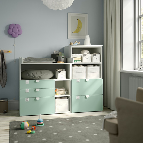 SMÅSTAD / PLATSA Changing table, white light green/with bookcase, 150x79x123 cm