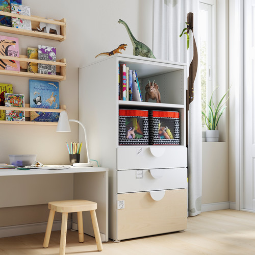 SMÅSTAD / PLATSA Bookcase, white birch, with 3 drawers, 60x55x123 cm