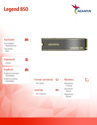 Adata SSD Legend 850 512GB PCIe 4x4 5/2.7 GB/s M2