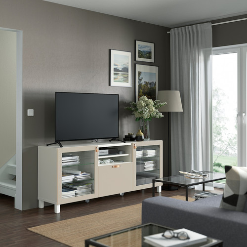 BESTÅ TV bench with drawers, white Sindvik/Lappviken/Stubbarp light grey/beige, 180x42x74 cm