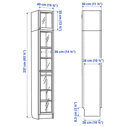 BILLY / OXBERG Bookcase w glass doors/ext unit, black oak effect, 40x30x237 cm