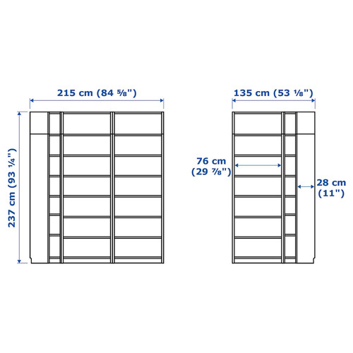 BILLY Bookcase, white, 215/135x28x237 cm