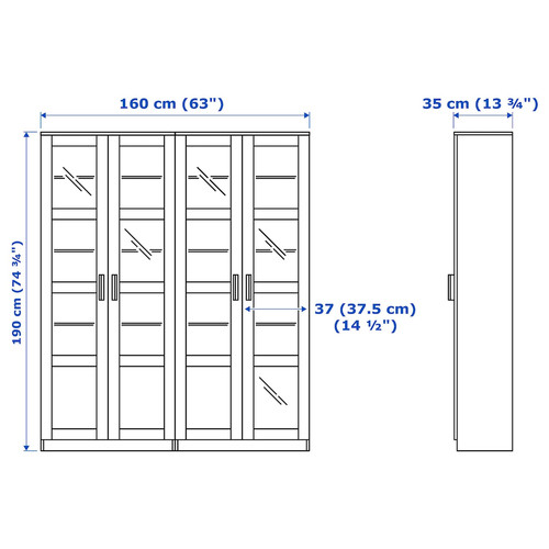 BRIMNES Storage combination w/glass doors, white, 160x35x190 cm