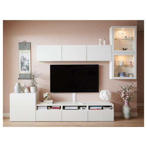 BESTÅ TV storage combination/glass doors, white/Lappviken white clear glass, 300x42x211 cm