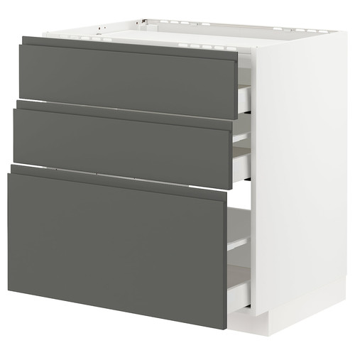 METOD / MAXIMERA Base cab f hob/3 fronts/3 drawers, white/Voxtorp dark grey, 80x60 cm