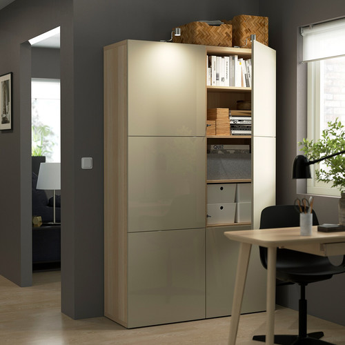 BESTÅ Storage combination with doors, white stained oak effect, Selsviken high-gloss/beige, 120x40x192 cm