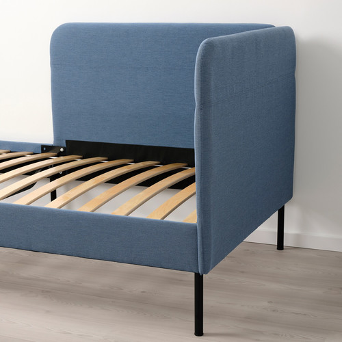 BLÅKULLEN Uph bed frame with corner headboard, Knisa medium blue, 90x200 cm