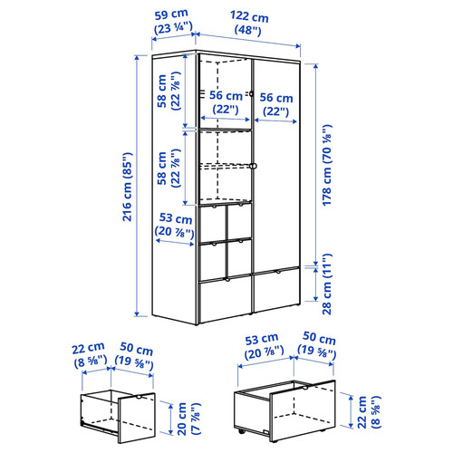 VISTHUS Wardrobe, grey/white, 122x59x216 cm