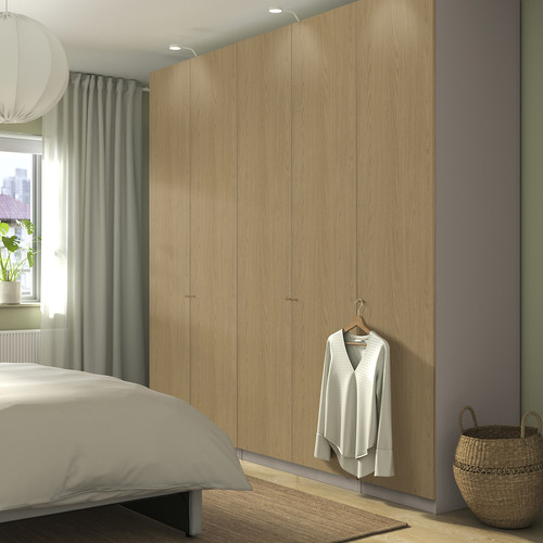 PAX / STORKLINTA Wardrobe combination, grey-beige/oak effect, 250x60x236 cm