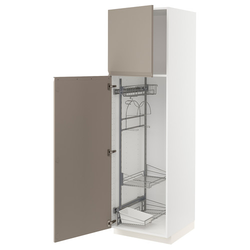 METOD High cabinet with cleaning interior, white/Upplöv matt dark beige, 60x60x200 cm