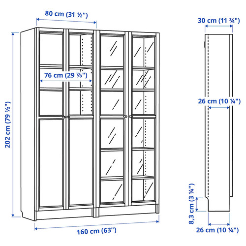 BILLY / OXBERG Bookcase with panel/glass doors, brown walnut effect/clear glass, 160x30x202 cm