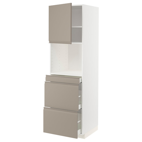 METOD / MAXIMERA Hi cab f micro combi w door/3 drwrs, white/Upplöv matt dark beige, 60x60x200 cm