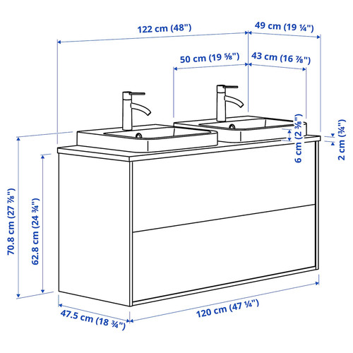 ÄNGSJÖN / BACKSJÖN Wash-stnd w drawers/wash-basin/taps, high-gloss white/black marble effect, 122x49x71 cm