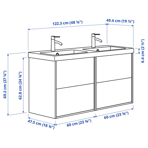 TÄNNFORSEN / ORRSJÖN Wash-stand/wash-basin/taps, white, 122x49x74 cm