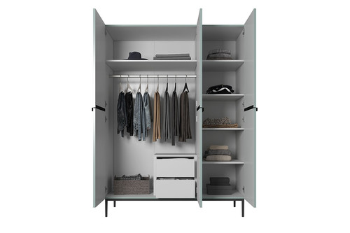 Wardrobe Nicole with Drawer Unit 150 cm, sage, black handles and legs