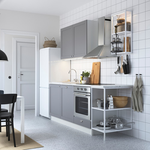 ENHET Kitchen, white, grey frame, 223x63.5x222 cm