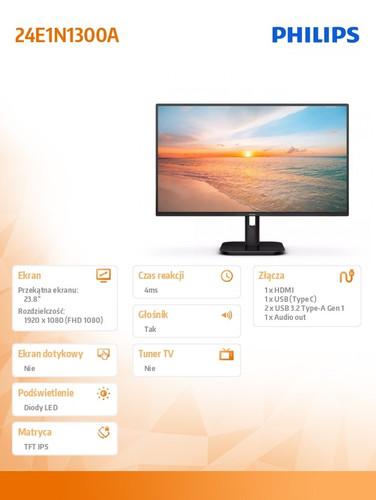 Philips Monitor 23.8'' 24E1N1300A IPS 100Hz HDMI USB-C Speakers