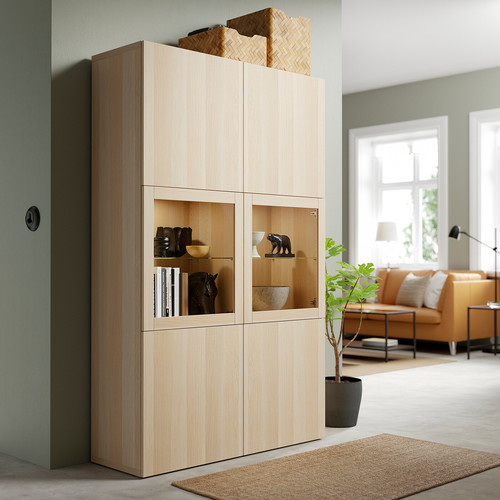 BESTÅ Storage combination w/glass doors, Lappviken, Sindvik white stained oak, clear glass, 120x40x192 cm