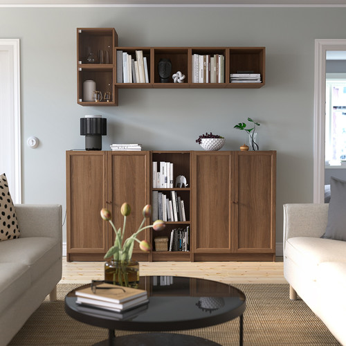BILLY / EKET Storage combination with doors, brown walnut effect/clear glass