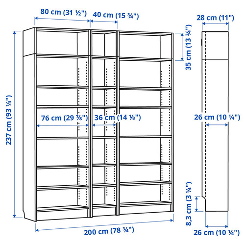 BILLY Bookcase comb w extension units, black oak effect, 200x28x237 cm