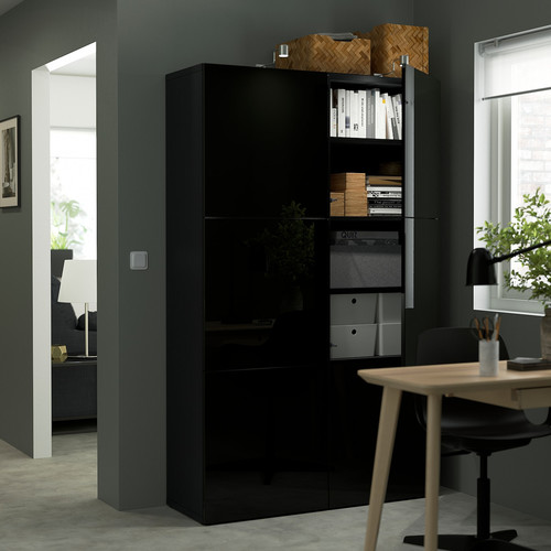 BESTÅ Storage combination with doors, black-brown, Selsviken high-gloss/black, 120x40x192 cm