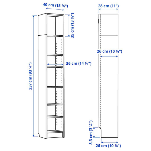 BILLY Bookcase with height extension unit, dark brown oak effect, 40x28x237 cm