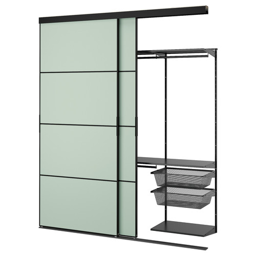 SKYTTA / BOAXEL Reach-in wardrobe with sliding door, black metal/Mehamn light green, 202x65x240 cm