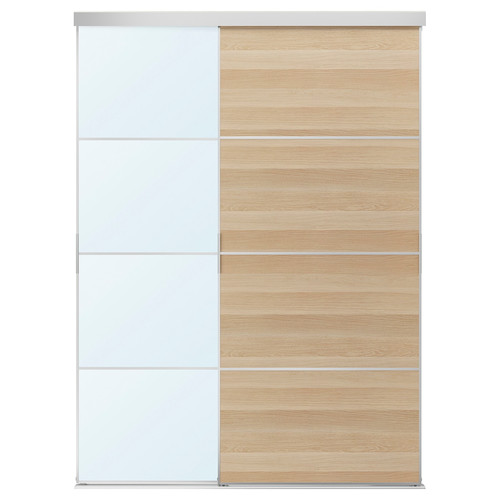 MEHAMN/AULI/SKYTTA Sliding door combination, aluminium double sided/white stained oak effect mirror glass, 177x240 cm