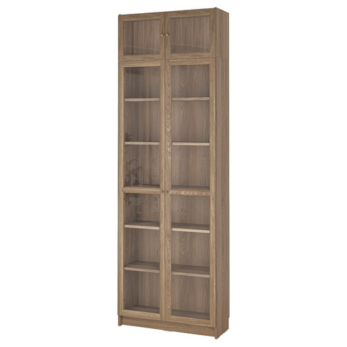 BILLY / OXBERG Bookcase w glass doors/ext unit, oak effect/clear glass, 80x30x237 cm