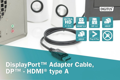 Digitus DisplayPort Adapter Cable, DP - HDMI type A 2m, black