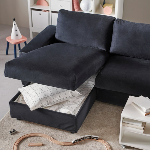 VIMLE 3-seat sofa with chaise longue, with wide armrests Saxemara/black-blue