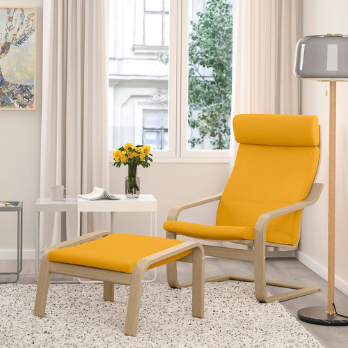 POÄNG Armchair and footstool, white stained oak veneer/Skiftebo yellow