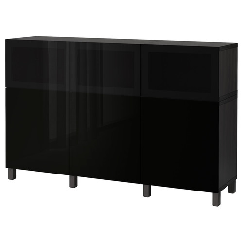 BESTÅ Storage combination with doors, black-brown, Selsviken/Glassvik high-gloss/black, smoked glass, 180x40x112 cm