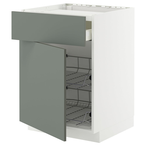 METOD / MAXIMERA Base cab f hob/drawer/2 wire bskts, white/Nickebo matt grey-green, 60x60 cm