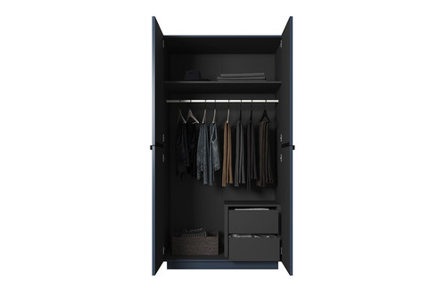 Wardrobe Nicole with Drawer Unit 100 cm, dark blue, black handles