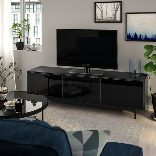 RANNÄS TV bench with doors, black / black glass, 180x40 cm