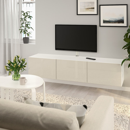 BESTÅ TV bench with doors, white, Selsviken high-gloss/beige, 180x42x38 cm